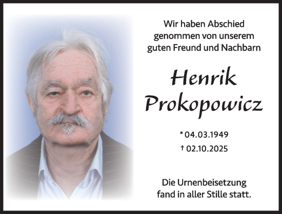 Traueranzeige von Henrik Prokopowicz von Hersbrucker Zeitung Lokal