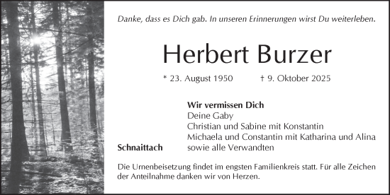 Traueranzeige von Herbert Burzer von Pegnitz-Zeitung