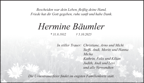 Traueranzeige von Hermine Bäumler von Pegnitz-Zeitung