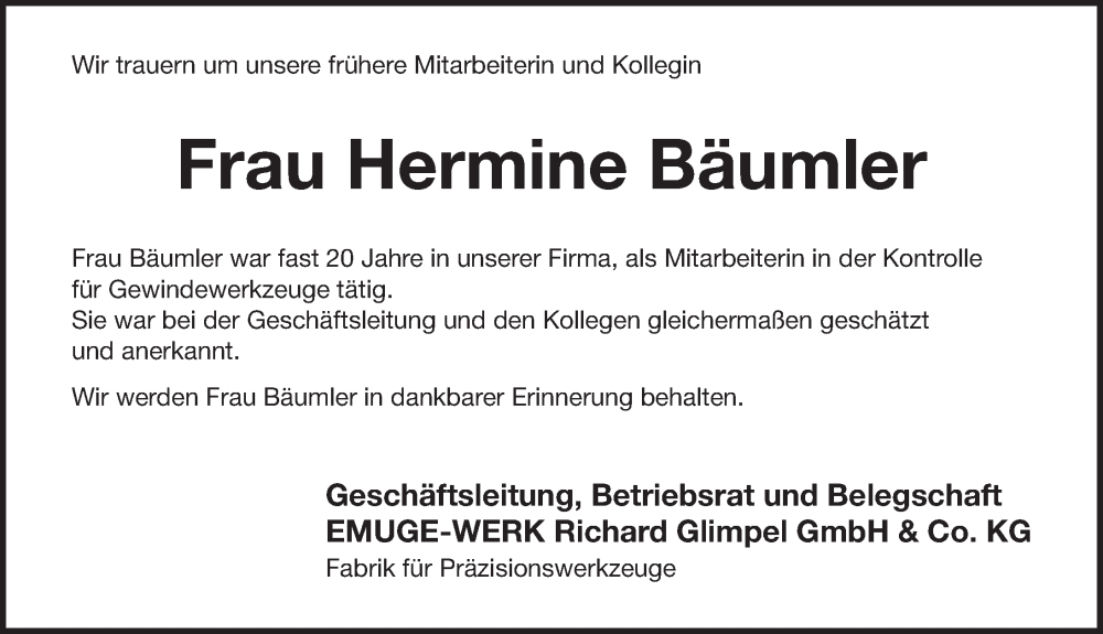  Traueranzeige für Hermine Bäumler vom 15.10.2025 aus Pegnitz-Zeitung