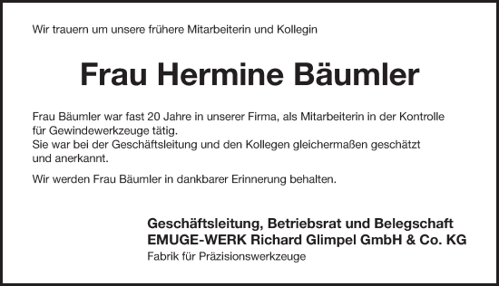Traueranzeige von Hermine Bäumler von Pegnitz-Zeitung