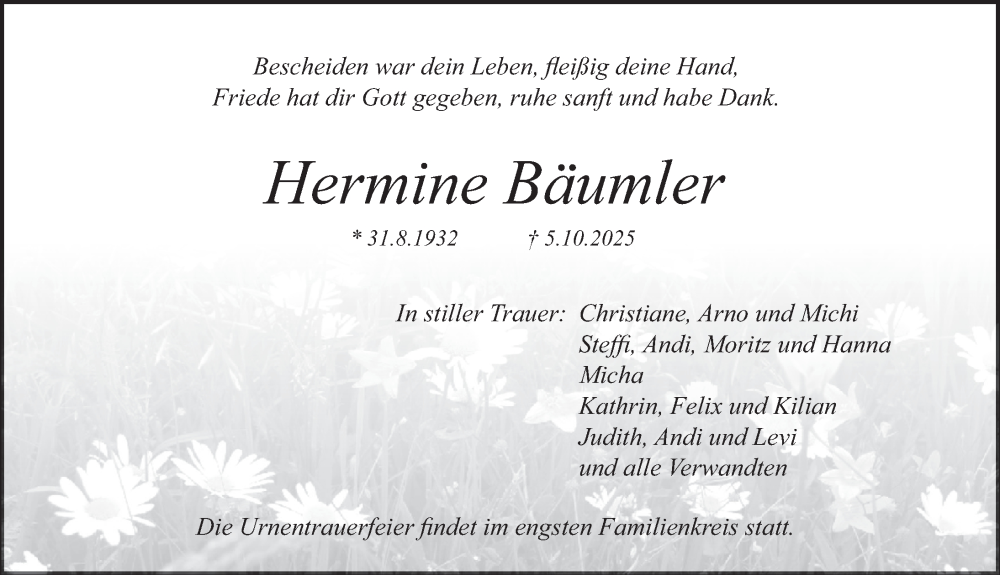  Traueranzeige für Hermine Bäumler vom 11.10.2025 aus Pegnitz-Zeitung