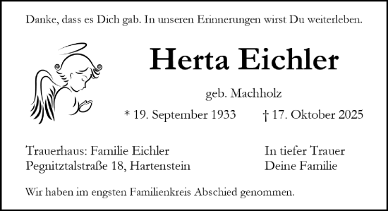 Traueranzeige von Herta Eichler von Hersbrucker Zeitung Lokal
