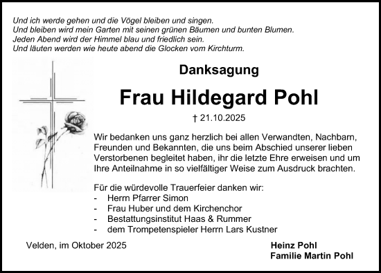 Traueranzeige von Hildegard Pohl von Hersbrucker Zeitung Lokal