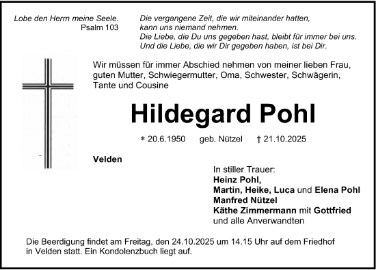 Traueranzeige von Hildegard Pohl von Hersbrucker Zeitung Lokal