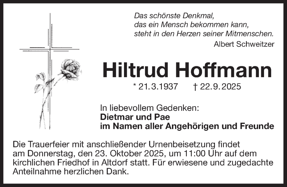  Traueranzeige für Hiltrud Hoffmann vom 18.10.2025 aus Der Bote