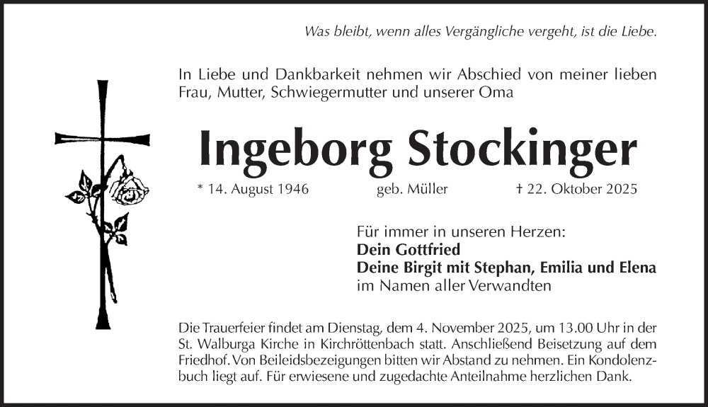  Traueranzeige für Ingeborg Stockinger vom 25.10.2025 aus Pegnitz-Zeitung