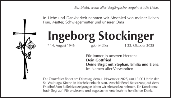 Traueranzeige von Ingeborg Stockinger von Pegnitz-Zeitung