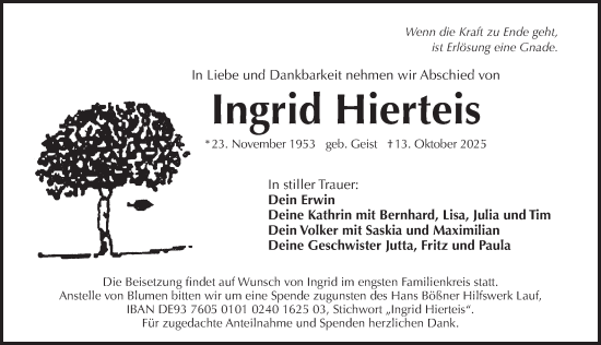 Traueranzeige von Ingrid Hierteis von Pegnitz-Zeitung
