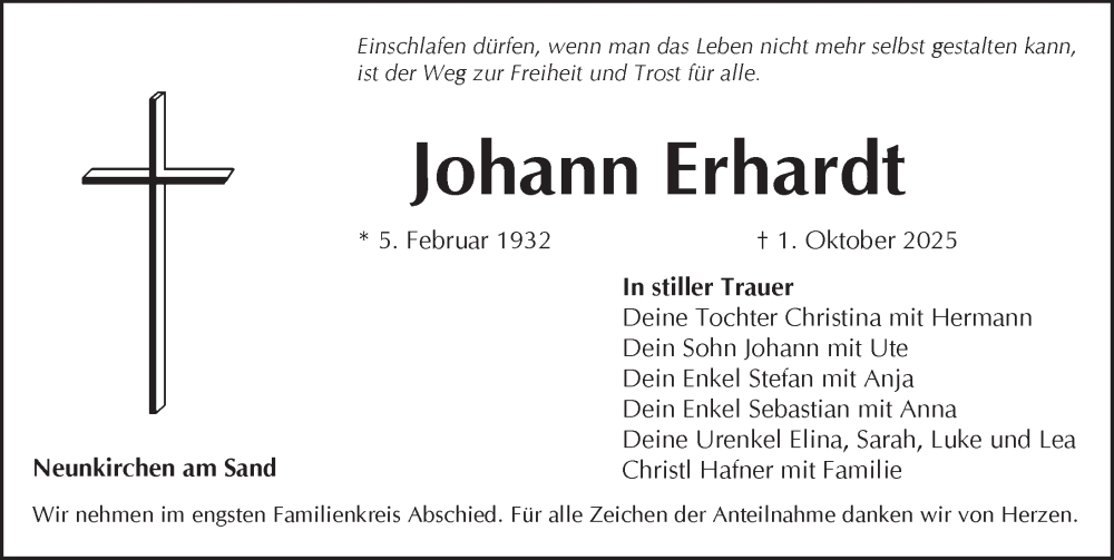  Traueranzeige für Johann Erhardt vom 11.10.2025 aus Pegnitz-Zeitung