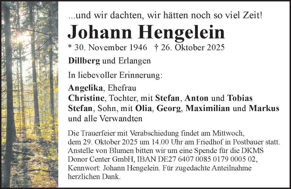  Traueranzeige für Johann Hengelein vom 28.10.2025 aus Der Bote