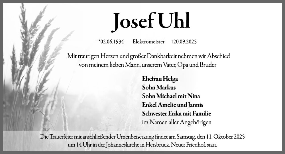  Traueranzeige für Josef Uhl vom 04.10.2025 aus Hersbrucker Zeitung Lokal
