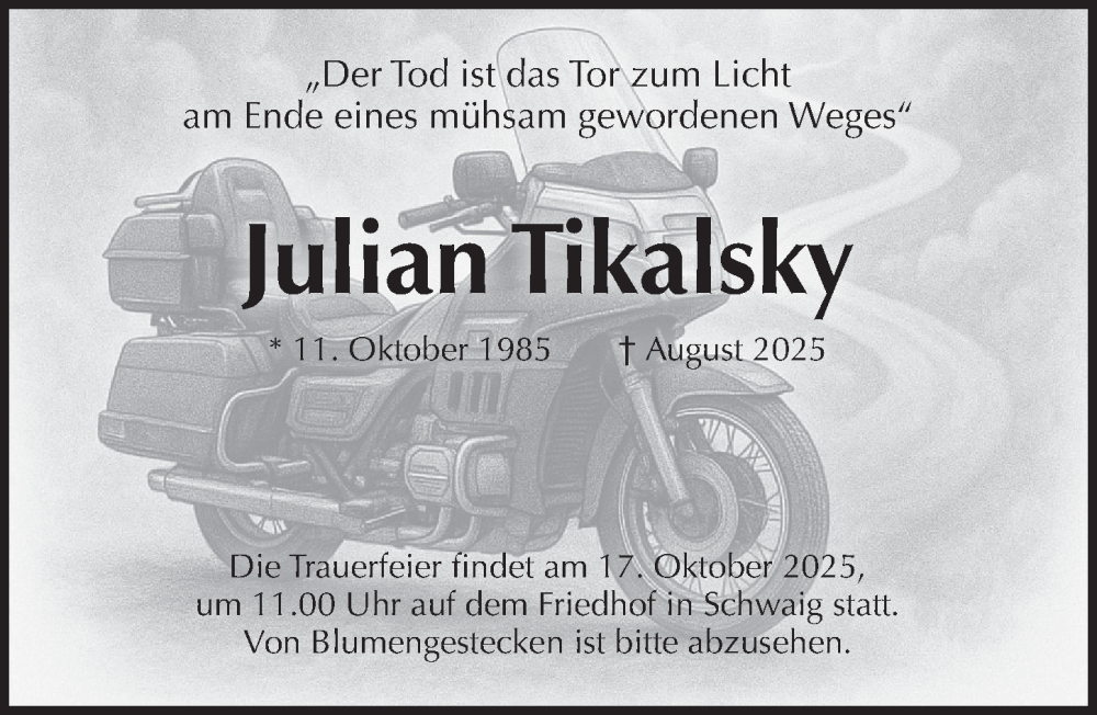  Traueranzeige für Julian Tikalsky vom 11.10.2025 aus Pegnitz-Zeitung