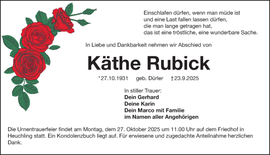 Traueranzeige von Käthe Rubick von Pegnitz-Zeitung