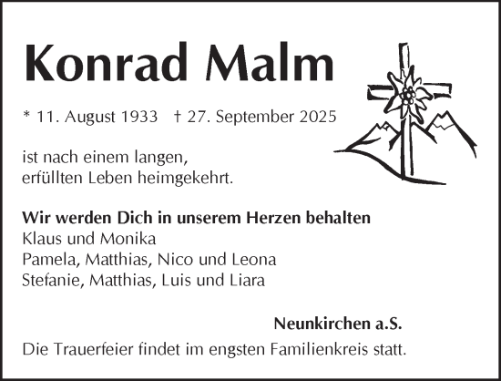 Traueranzeige von Konrad Malm von Pegnitz-Zeitung