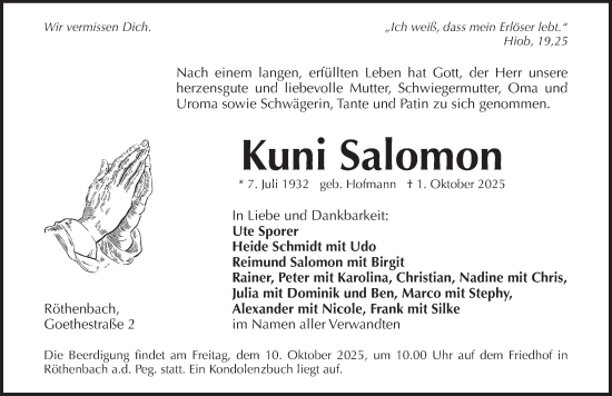 Traueranzeige von Kuni Salomon von Pegnitz-Zeitung