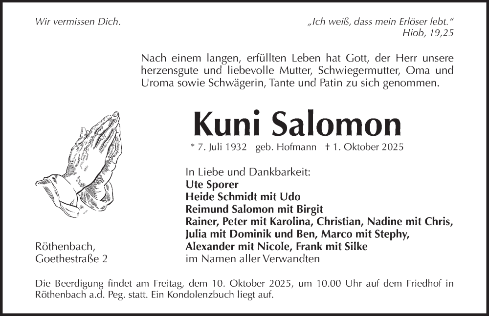  Traueranzeige für Kuni Salomon vom 08.10.2025 aus Pegnitz-Zeitung