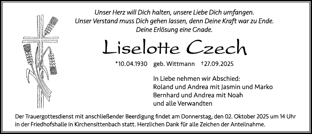  Traueranzeige für Liselotte Czech vom 01.10.2025 aus Hersbrucker Zeitung Lokal
