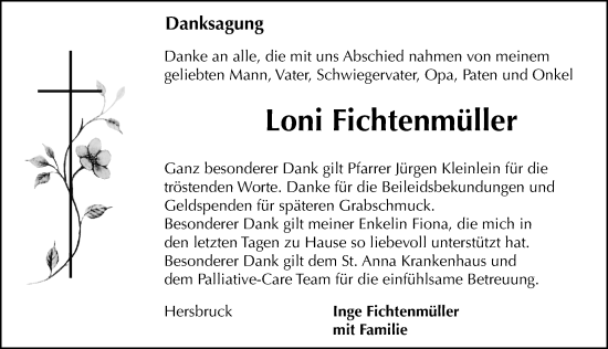 Traueranzeige von Loni Fichtenmüller von Hersbrucker Zeitung Lokal