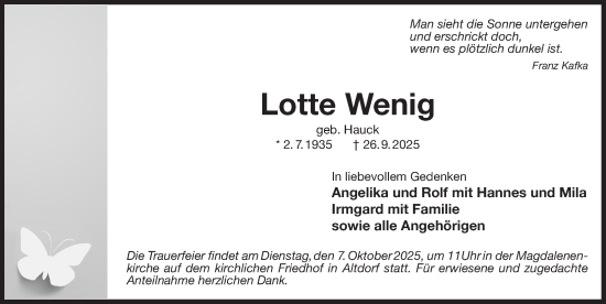 Traueranzeige von Lotte Wenig von Der Bote