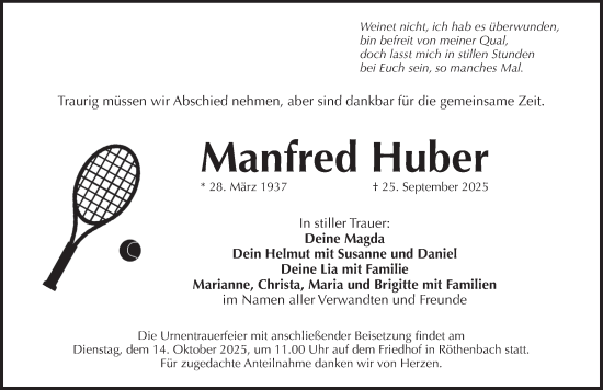 Traueranzeige von Manfred Huber von Pegnitz-Zeitung