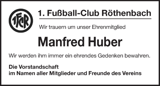 Traueranzeige von Manfred Huber von Pegnitz-Zeitung