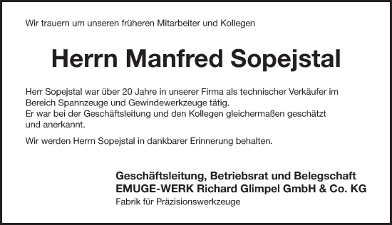 Traueranzeige von Manfred Sopejstal von Pegnitz-Zeitung