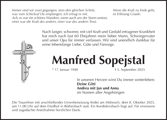 Traueranzeige von Manfred Sopejstal von Pegnitz-Zeitung