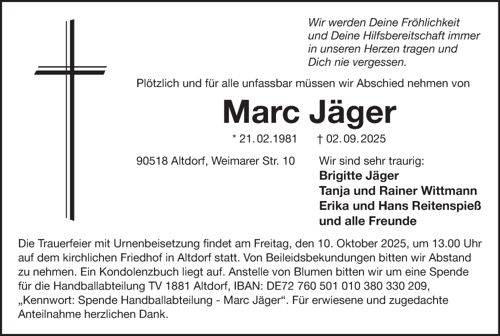 Traueranzeige für Marc Jäger vom 04.10.2025 aus Der Bote