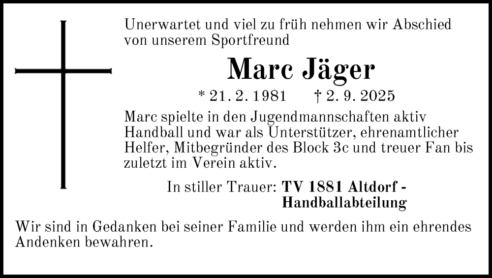  Traueranzeige für Marc Jäger vom 04.10.2025 aus Der Bote