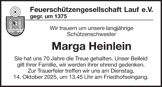 Traueranzeige von Marga Heinlein von Pegnitz-Zeitung