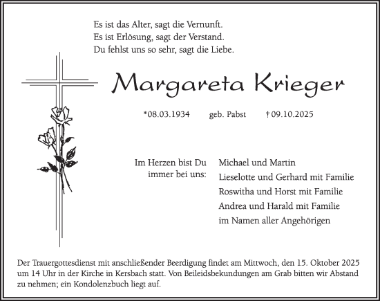 Traueranzeige von Margareta Krieger von Pegnitz-Zeitung