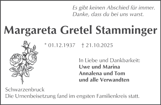 Traueranzeige von Margareta Gretel Stamminger von Der Bote