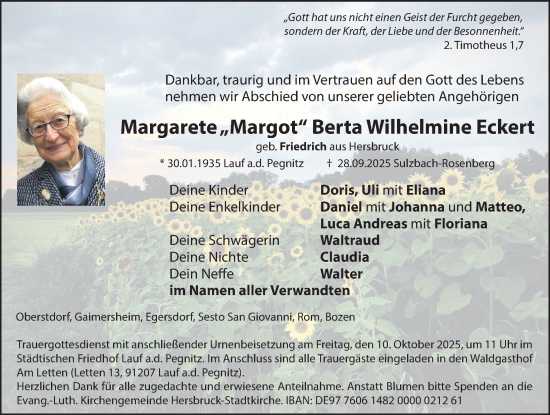 Traueranzeige von Margarete Berta Wilhelmine Eckert von Hersbrucker Zeitung Lokal