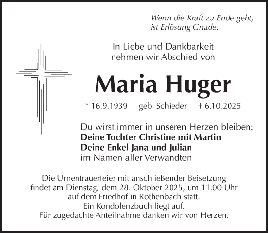 Traueranzeige von Maria Huger von Pegnitz-Zeitung