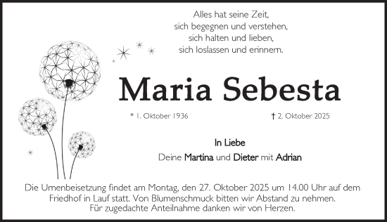 Traueranzeige von Maria Sebesta von Pegnitz-Zeitung