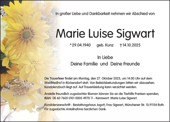 Traueranzeige von Marie Luise Sigwart von Pegnitz-Zeitung