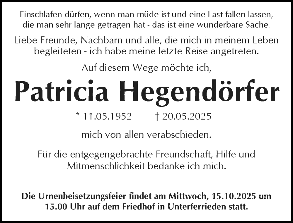  Traueranzeige für Patricia Hegendörfer vom 11.10.2025 aus Der Bote