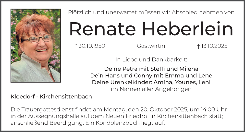  Traueranzeige für Renate Heberlein vom 16.10.2025 aus Hersbrucker Zeitung Lokal