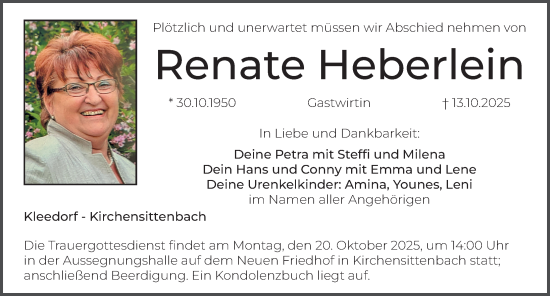 Traueranzeige von Renate Heberlein von Hersbrucker Zeitung Lokal