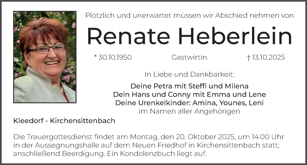 Traueranzeige für Renate Heberlein vom 16.10.2025 aus Der Bote
