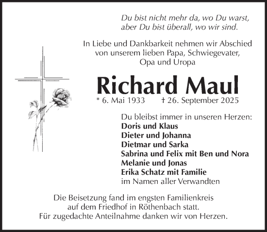 Traueranzeige von Richard Maul von Pegnitz-Zeitung