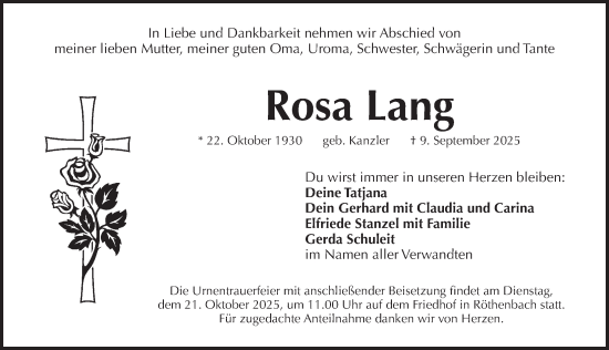 Traueranzeige von Rosa Lang von Pegnitz-Zeitung