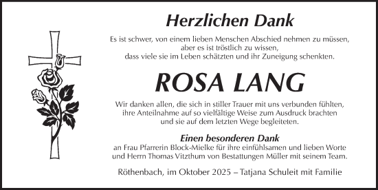 Traueranzeige von Rosa Lang von Pegnitz-Zeitung