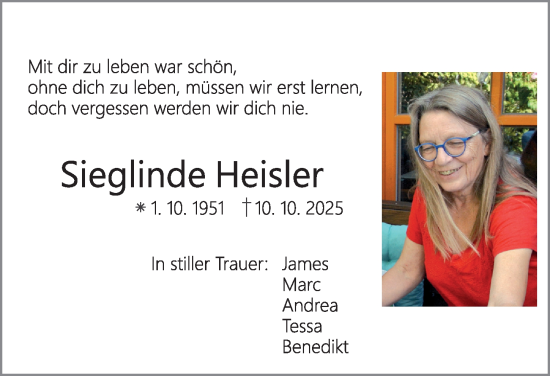 Traueranzeige von Sieglinde Heisler von Der Bote