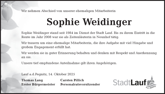 Traueranzeige von Sophie Weidinger von Pegnitz-Zeitung