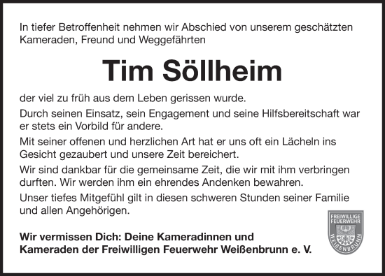 Traueranzeige von Tim Söllheim von Der Bote