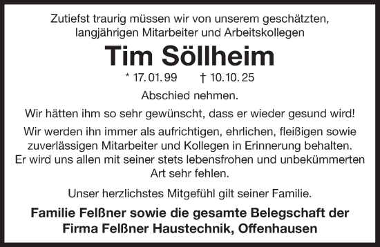 Traueranzeige von Tim Söllheim von Der Bote