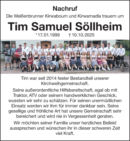 Traueranzeige von Tim Samuel Söllheim von Der Bote