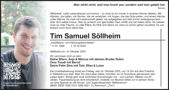 Traueranzeige von Tim Samuel Söllheim von Der Bote